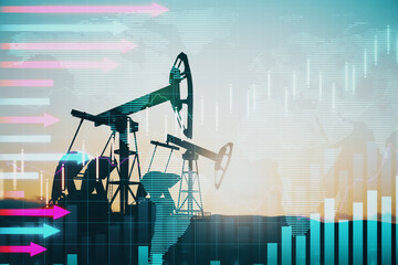 Oil industry exchange market concept with sunset oil pump jacks and digital screen with horizontal pink and blue arrows and financial chart graphs. Double exposure.