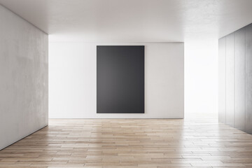 Fototapeta premium Modern concrete interior with sunlight and empty black banner mockup place. Exhibition, art and advertisement concept. 3D Rendering.