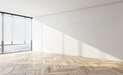 Contemporary concrete interior with window, city view, sunlight and empty wall mockup place. Exhibition, art and advertisement concept. 3D Rendering.