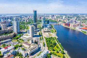 Fototapeta na wymiar Panorama of Yekaterinburg city center and river Iset. View from above. Russia