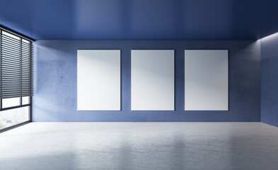 Modern concrete interior with window, city view, sunlight and empty posters mockup place. Exhibition, art and advertisement concept. 3D Rendering.