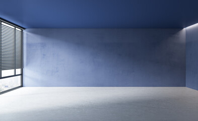 Dark concrete interior with window, city view, sunlight and empty wall mockup place. Exhibition, art and advertisement concept. 3D Rendering.