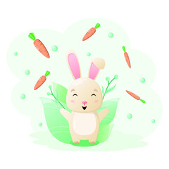 Happy cute rabbit catches a carrot. Children's illustration of forest animals.