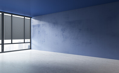 Obraz premium Modern concrete interior with window, city view, sunlight and blank wall mockup place. Exhibition, art and advertisement concept. 3D Rendering.