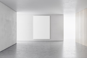 White concrete interior with sunlight and empty wall mockup place. Exhibition, art and...