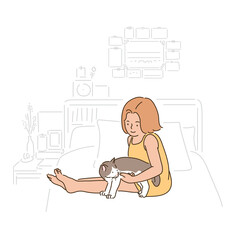 A cute little girl is sitting on the bed with a cat. hand drawn style vector design illustrations. 