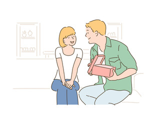 Daughter gave dad a present and dad is looking at it with a happy expression. hand drawn style vector design illustrations. 