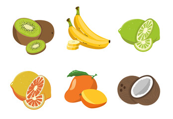 Tropical fruit set, realistic vector illustration of fruit, coconut, banana, lime, kiwi, grapefruit, mango