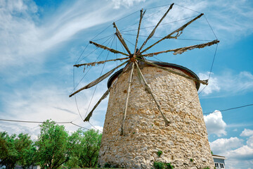 Ancient windmill in Golyazi (uluabat) bursa and it main structure made of stone and with wooden...