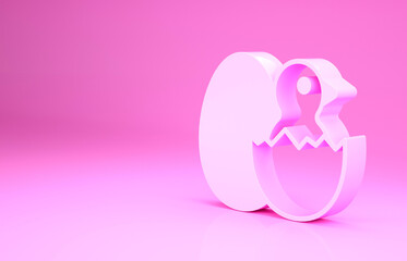 Pink Little chick in cracked egg icon isolated on pink background. Minimalism concept. 3d illustration 3D render