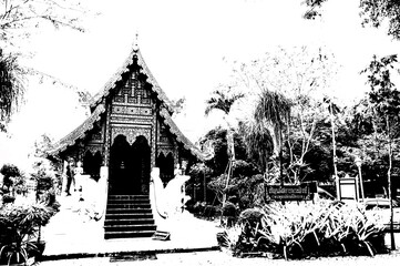 Landscape of ancient temples in northern Thailand Black and white illustrations.
