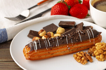 Eclair cake close up on wooden table