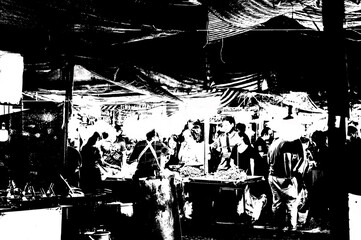 Landscape of a fresh market in the heart of the city in the provinces of Thailand Black and white illustrations.