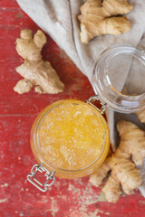 Homemade ginger jam in a jar, immune booster, cold remedy