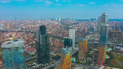 Skyscrapes project, which is located close to the financial center in Atasehir, has been awarded with LEED Gold certificate. Aerial view 4K.
