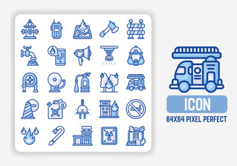 Simple Icons Set of Fire Fighter Equipment Vector Illustration in Bluetone flat design. 64x64 Pixel Perfect