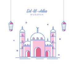 Vector Illustration Of Mosque With Hanging Lanterns On White Background For Eid-Ul-Adha Mubarak Concept.