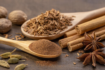 A set of spices on  brown table, anise, whole nutmegs, cardamom. Two wooden spoons with ground and crushed cinnamon, and rolls of cinnamon.