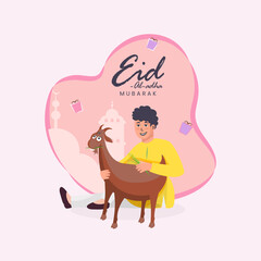 Eid-Al-Adha Mubarak Concept With Muslim Young Boy Holding A Goat On Pink Silhouette Mosque Background.