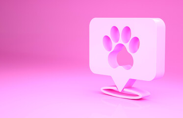 Pink Map pointer with veterinary medicine hospital, clinic or pet shop for animals icon isolated on pink background. Veterinarian clinic. Minimalism concept. 3d illustration 3D render