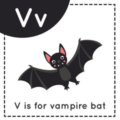 Learning English alphabet for kids. Letter V. Cute cartoon vampire bat.