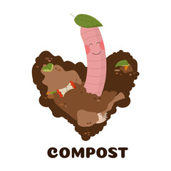 worm with pink cheeks in the ground in the form of a heart. Composting organic matter concept. organic farming. disposal of organic waste with the help of worms