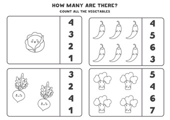 Counting game with cute kawaii vegetables. Math worksheet.