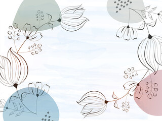 Watercolor Effect Background Decorated With Line Art Floral.