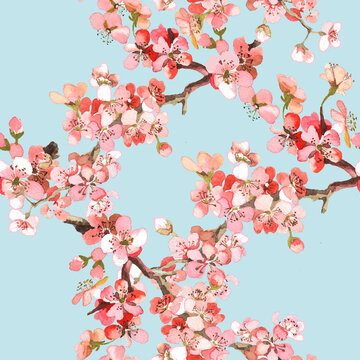 Apricot blooming branches watercolor on light turquoise background seankess pattern for all prints. Spring pattern.