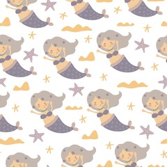 Seamless pattern with cartoon mermaids, starfish. flat style vector. Hand drawing for kids. sea world. baby design for fabric, textile, print, wrapper