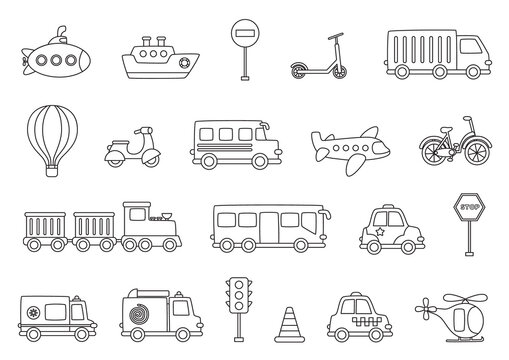 Set of black and white transport. Vector illustrations.