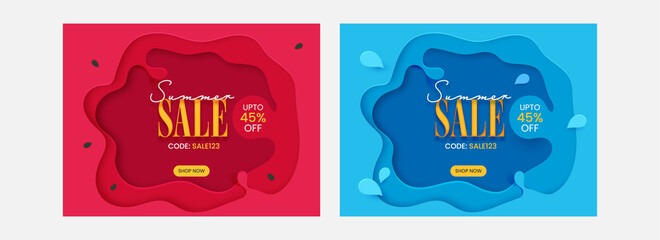 Summer Sale Poster Design With 45% Discount Offer On Paper Layer Cut Background In Two Color Options.