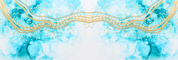 art photography of abstract fluid painting with alcohol ink, blue and gold colors