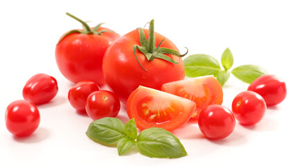 fresh tomato with basil on white background