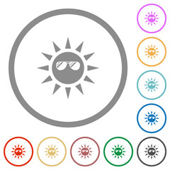 Sun with glossy sunglasses flat icons with outlines