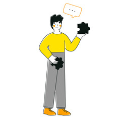 Man collects puzzles, cartoon character flat vector illustration.. Mental health vector illustration