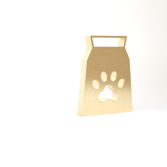 Gold Bag of food for pet icon isolated on white background. Food for animals. Dog bone sign. Pet food package. 3d illustration 3D render