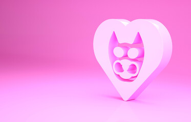 Pink Heart with cat icon isolated on pink background. Love to the animals. Minimalism concept. 3d illustration 3D render