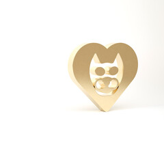 Gold Heart with cat icon isolated on white background. Love to the animals. 3d illustration 3D render