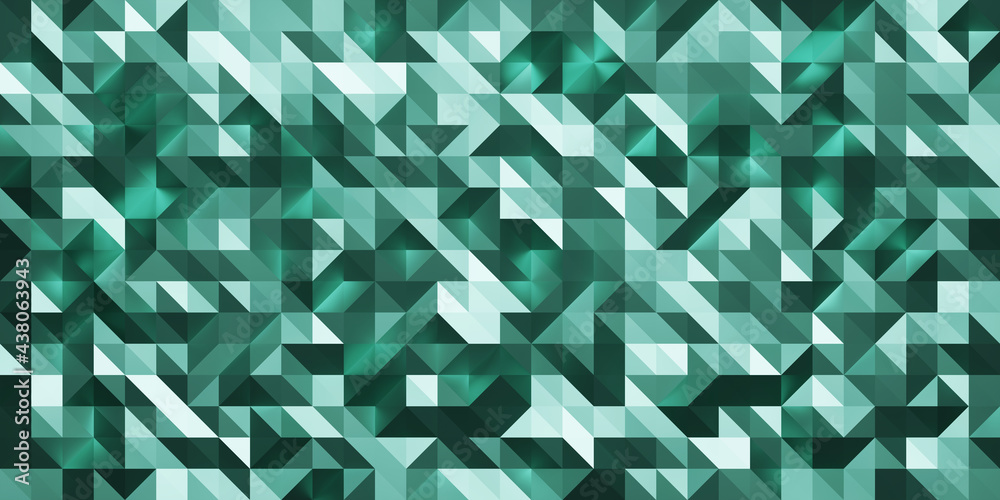 Poster Low poly random tiles texture in green color. Abstract geometric pattern background with medium size triangles. Modern crystal design. 3D Rendering.