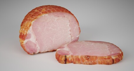 Sliced boiled pork on a white plate. Meat isolated