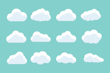 Set of clouds on blue sky in flat style. Elements for web sites and banners design. Vector illustration.