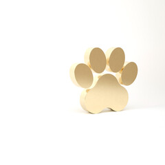 Gold Paw print icon isolated on white background. Dog or cat paw print. Animal track. 3d illustration 3D render