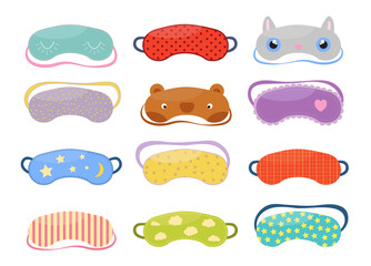 Set of different sleep masks in flat style. .Sleeping eye protection wear accessory, for relax in traveling. .Isolated on white background. Vector illustration.