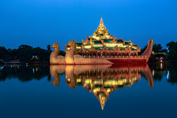 The Karaweik Royal Barge at dusk - Yangon - Myanmar