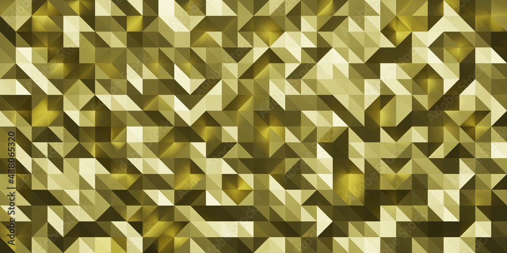 Poster Low poly random tiles texture in gold color. Abstract geometric pattern background with medium size triangles. Modern crystal design. 3D Rendering.