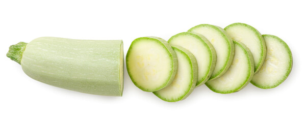 Zucchini half and sliced pieces on a white background, isolated. Top view