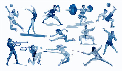 Sport people set. Collection of different sport activity. Professional athlet doing sport. Basketball, football,karate,tennis,sprint,gymnastic,weightlifter . Vector illustration in cartoon style © Andrey