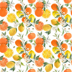 Beautiful vector seamless pattern with watercolor hand drawn citrus orange lemon grapefruit fruits. Stock illustration.