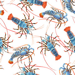 Beautiful vector seamless sea life pattern with watercolor hand drawn rainbow lobster. Stock illustration.
